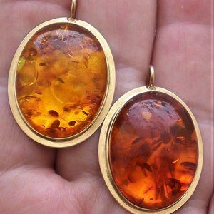 HUGE Vintage 14K Yellow Gold Russian Baltic Honey Amber Dangle Drop EARRINGS